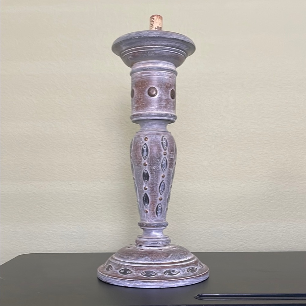 Rustic 14” Carved Wooden Candleholder – Farmhouse Style Home Décor